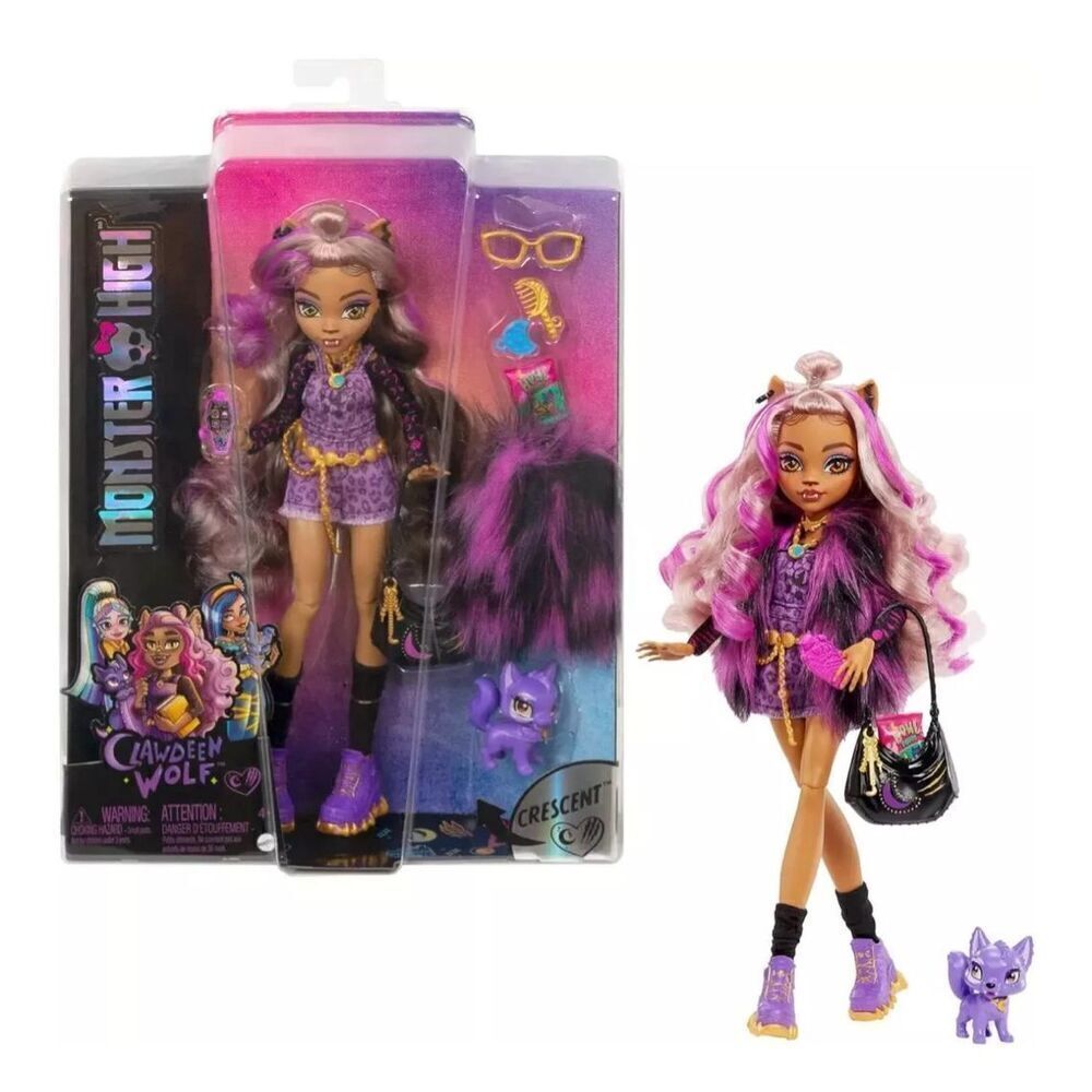 Monster High Doll Clawdeen Wolf Pet‎ Dog Crescent Purple Streaked Hair NEW